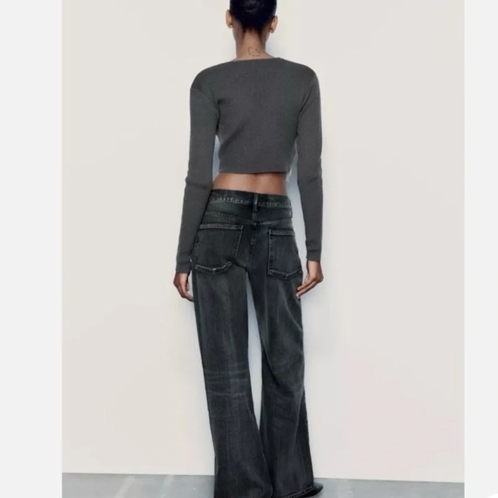 Zara rhinestone detail ribbed long sleeve crop top